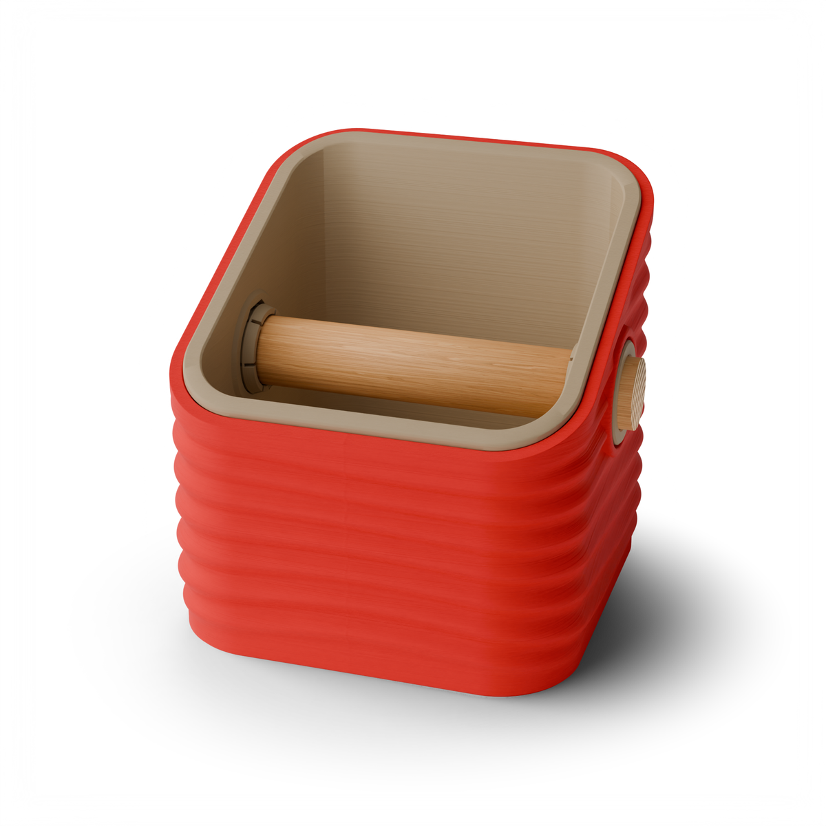Rippled Square Angled Espresso Knock Box, Two-Tone with Oak Bar Scarlet Red Latte Brown