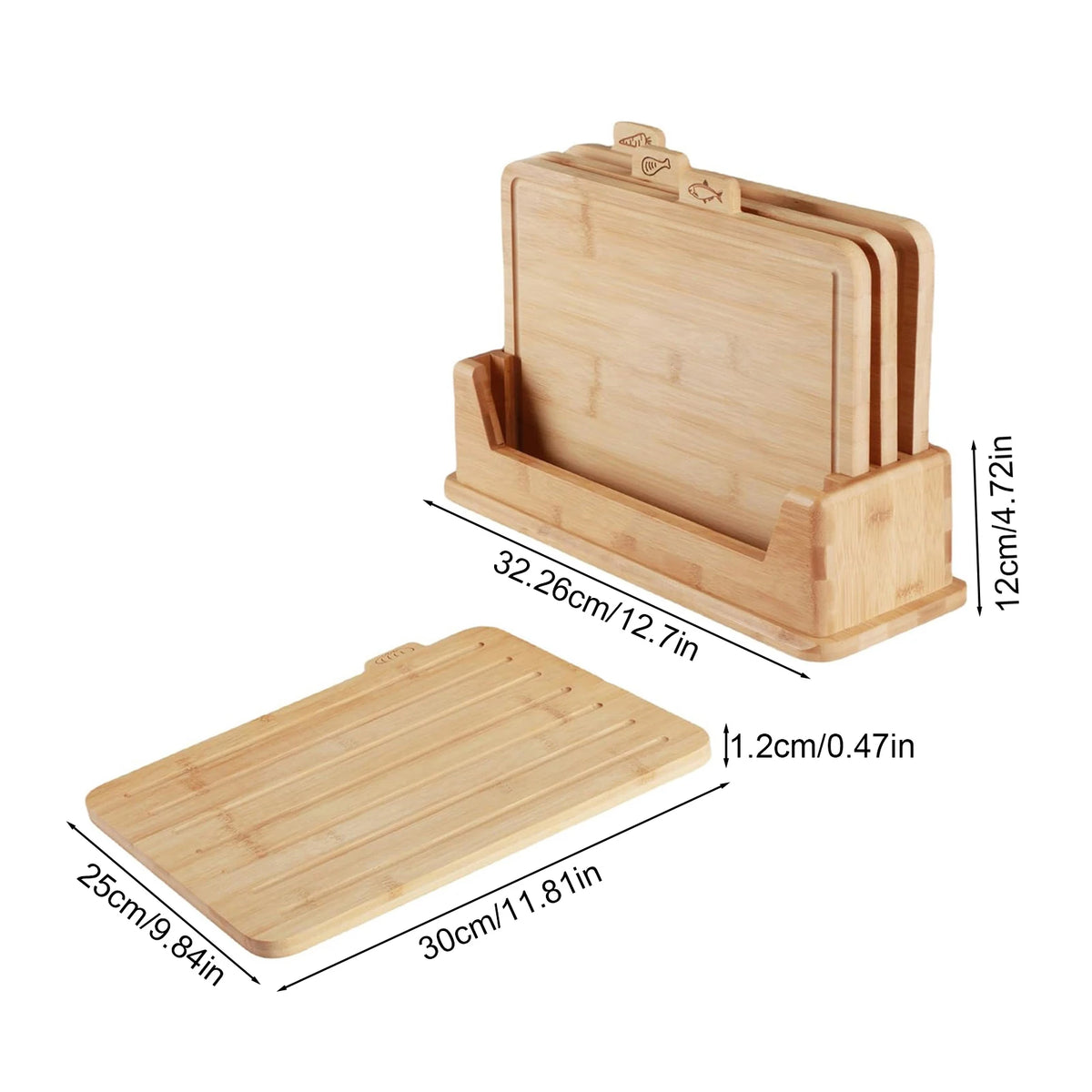Bamboo Chopping Boards with Food Symbols – Set of 4 with Storage Rack & Juice Grooves – Great for Meat, Veg, Fruit & Fish