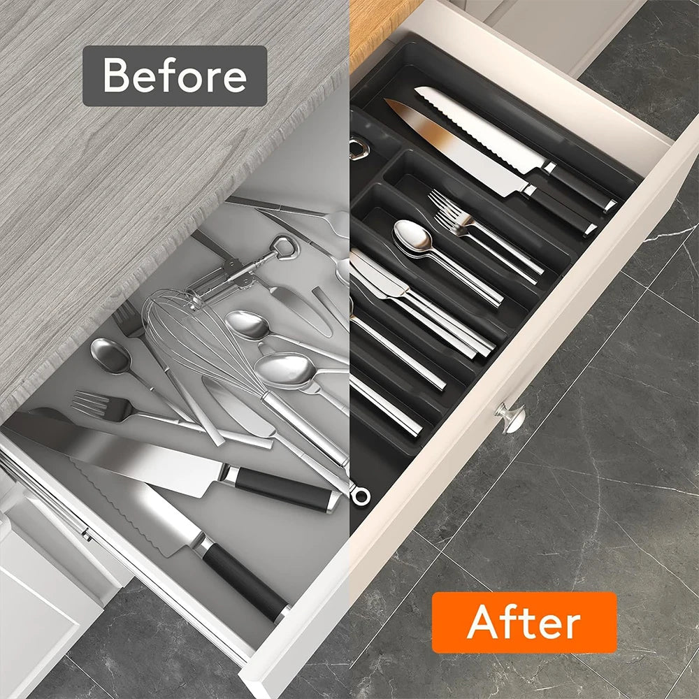 Expandable Cutlery & Utensil Drawer Organiser Tray – Adjustable Flatware Holder – Perfect for Kitchen Drawers – Available in Black, White & Grey Colours