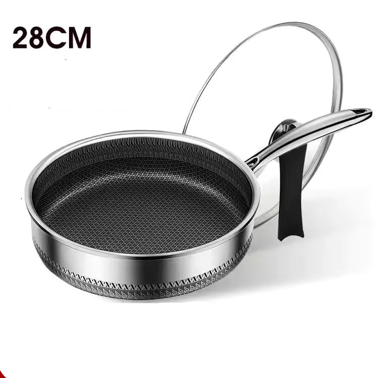 316 Stainless Steel Honeycomb Uncoated Frying Pan 28CM with Lid