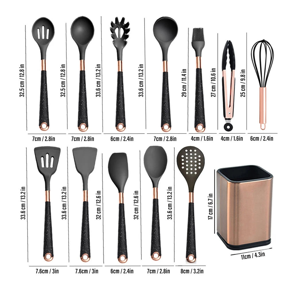 Silicone Cooking Utensils Set with Gold-Plated Handles – Non-Stick Safe, Heat Resistant | Black & Beige | Available in 5, 7, 10 & 12-Piece Sets