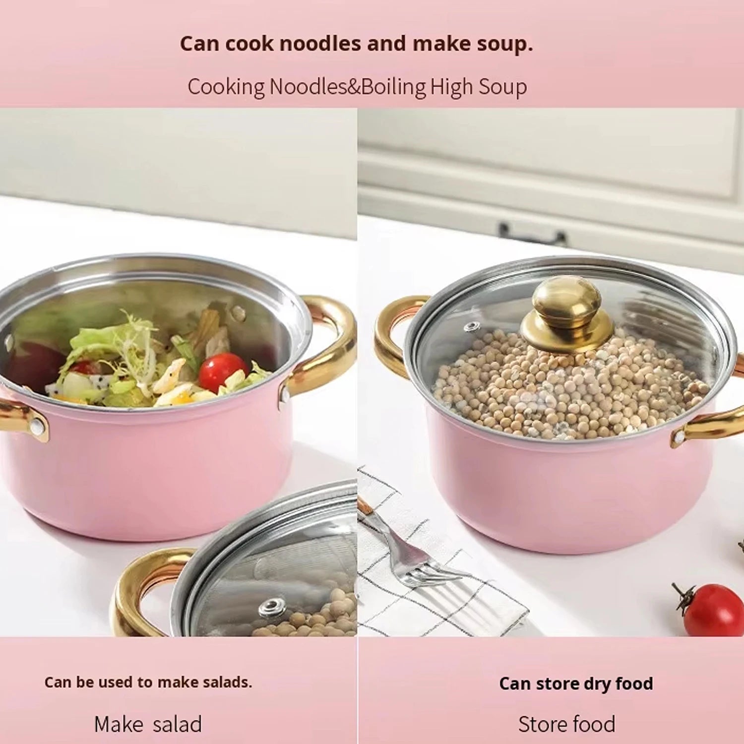 16-Piece Stainless Steel Pink Cookware & Kitchenware Set – Includes Multiple Cooking Pots and Stockpots with Glass Lids, Black Silicone Kitchen Utensils Set, Stylish Cookware Ideal for Everyday Cooking