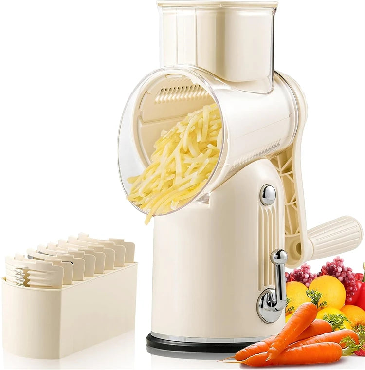 5-in-1 Rotary Cheese & Vegetable Grater with Handle & Suction Base – Multifunctional Manual Drum Grater (Available in Ivory and Light Green))