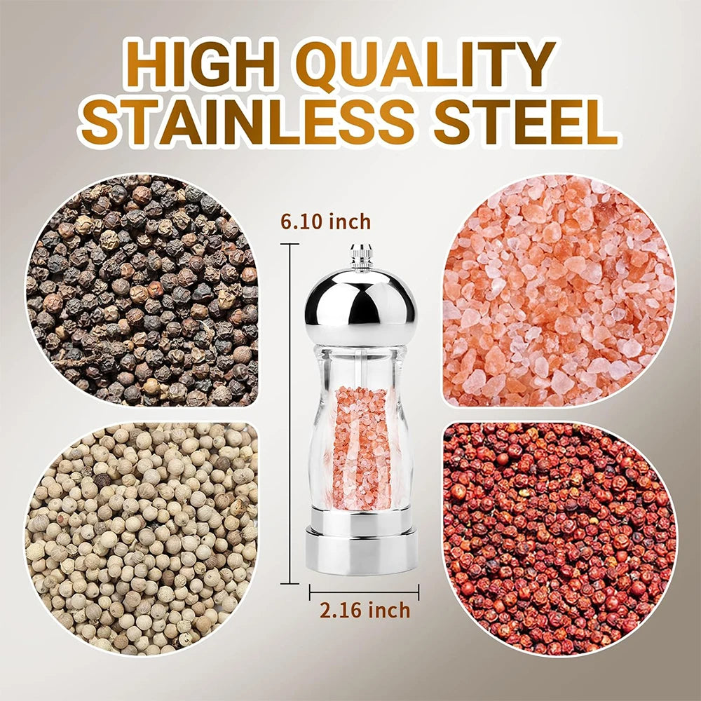6 Inch Acrylic Salt & Pepper Mill – Manual Salt & Pepper Grinder with Adjustable Ceramic Coarseness – Refillable Peppercorn Grinder – Great for Sea Salt & Peppercorns for the Kitchen & Dining Table
