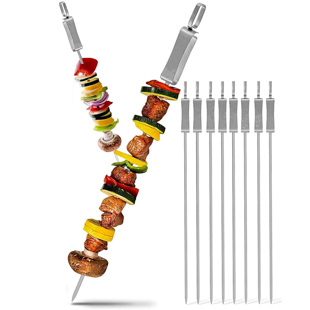 8 Pack Heavy-Duty Stainless Steel Kebab Skewers with Push Bar – Reusable BBQ Grill Skewer Sticks – Ideal for Kebabs, Halloumi & Vegetable Skewers – Available in 35cm, 41cm & 45.6cm