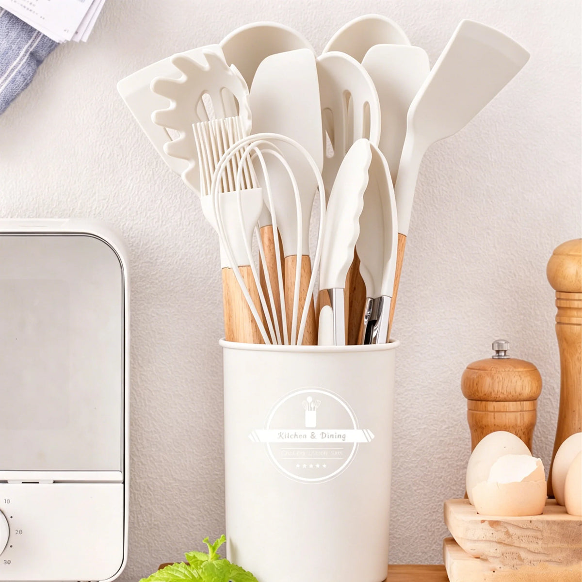12 Piece Silicone Kitchen Utensil Set with Wooden Handles & Storage Pot – Heat Resistant BPA-Free Cooking Tools – Best for Non-Stick Cookware & Baking – Available in Black, White, Pink, Khaki & Light Green Colours