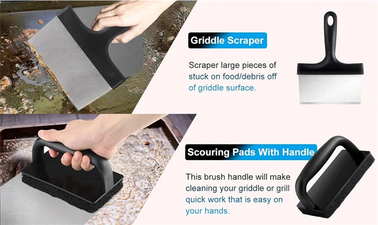 Flat Top Griddle Cleaning Kit – Stainless Steel Griddle Scraper & Scouring Pad Set – Ideal for Cleaning Griddles & BBQ Grill Plates – Available in 1 Piece – Style 1, 1 Piece – Style 2, 1 Piece – Style 3, 7 Pieces & 12 Pieces