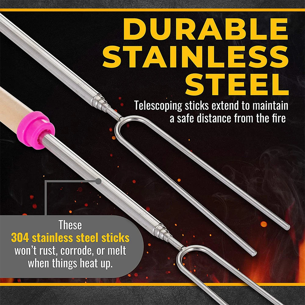 8 Piece Extendable Stainless Steel Roasting Sticks – Telescopic Marshmallow & BBQ Skewers – Great for Campfires, Fire Pits & S'mores