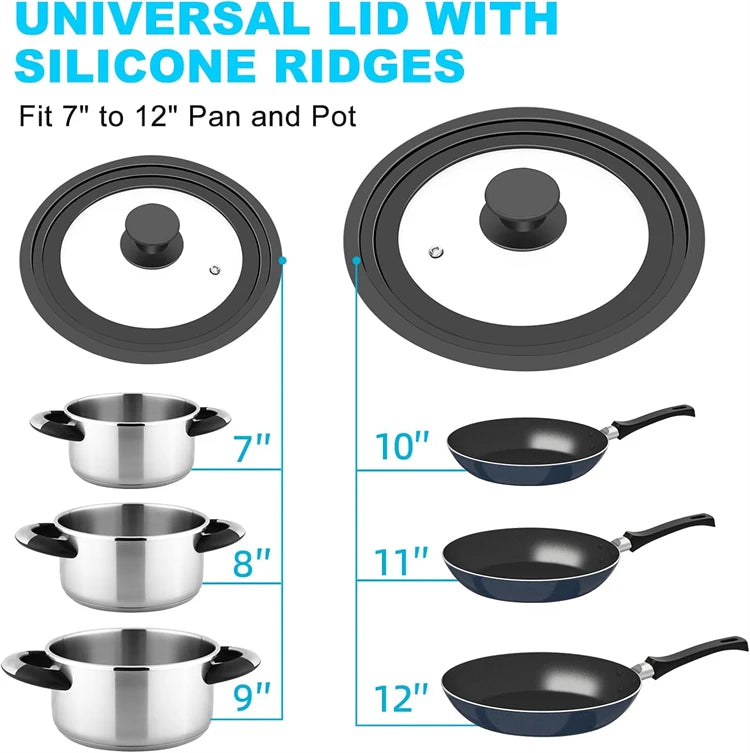 Universal Tempered Glass Pot & Pan Lid with Heat Resistant Silicone Rim – Fits Multiple Sizes of Pots, Pans & Skillets – Ideal for Simmering, Steaming & Keeping Food Warm – Available in 6 Size Ranges from 16cm to 30cm