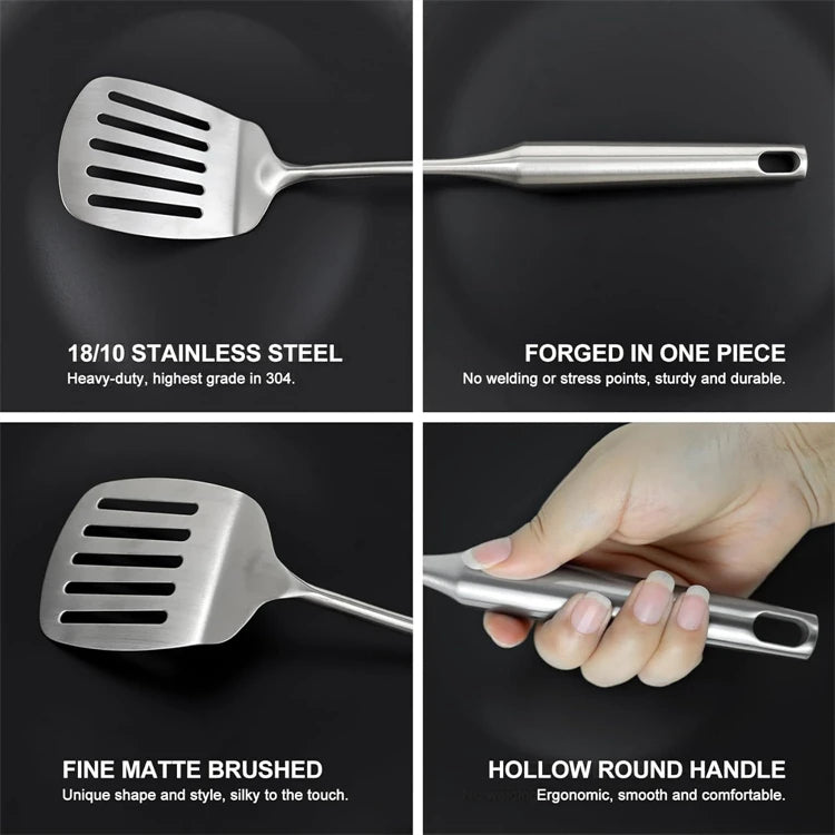 Stainless Steel Kitchen Utensils Set – Long 304 Stainless Steel Cooking Utensil Set, Includes Ladle, Whisk, Tongs, Spatula, Skimmer, Turner, Pasta Server & More, Heat-Resistant & Dishwasher Safe, Available in 3 Sizes
