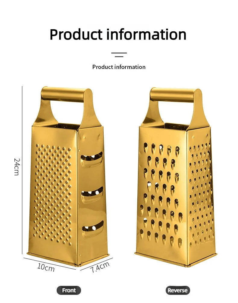 Stainless Steel Four-Sided Cheese Grater – Multi-Functional Handheld Box  Grater  & Vertical Fruit Slicer, Available in Gold & Silver