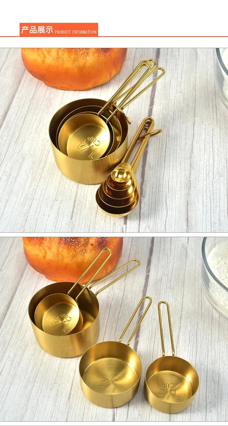 Golden Stainless Steel Measuring Cups & Spoons Set – Stackable Kitchen Tools for Baking, Coffee & Cooking, Available as 4 Cups, 5 Spoons or 9-Piece Set