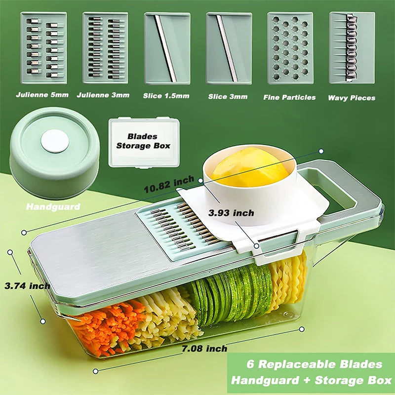 6 in 1 Mandoline Vegetable Slicer with 6 Interchangeable Stainless Steel Blades – Julienne Shredder & Veggie Slicer – Perfect for Salads & Meal Prep – Available in Light Green & Light Grey Colours