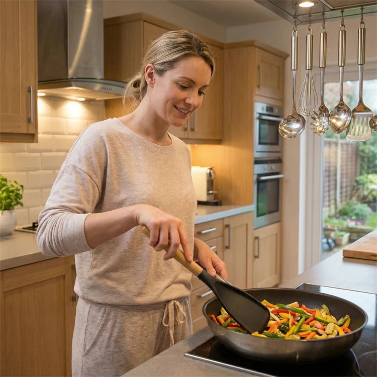 Silicone Cooking Spoon with Wooden Handle – Multi-Function Spatula Spoon for Nonstick Cookware – Great for Mixing, Stirring & Serving