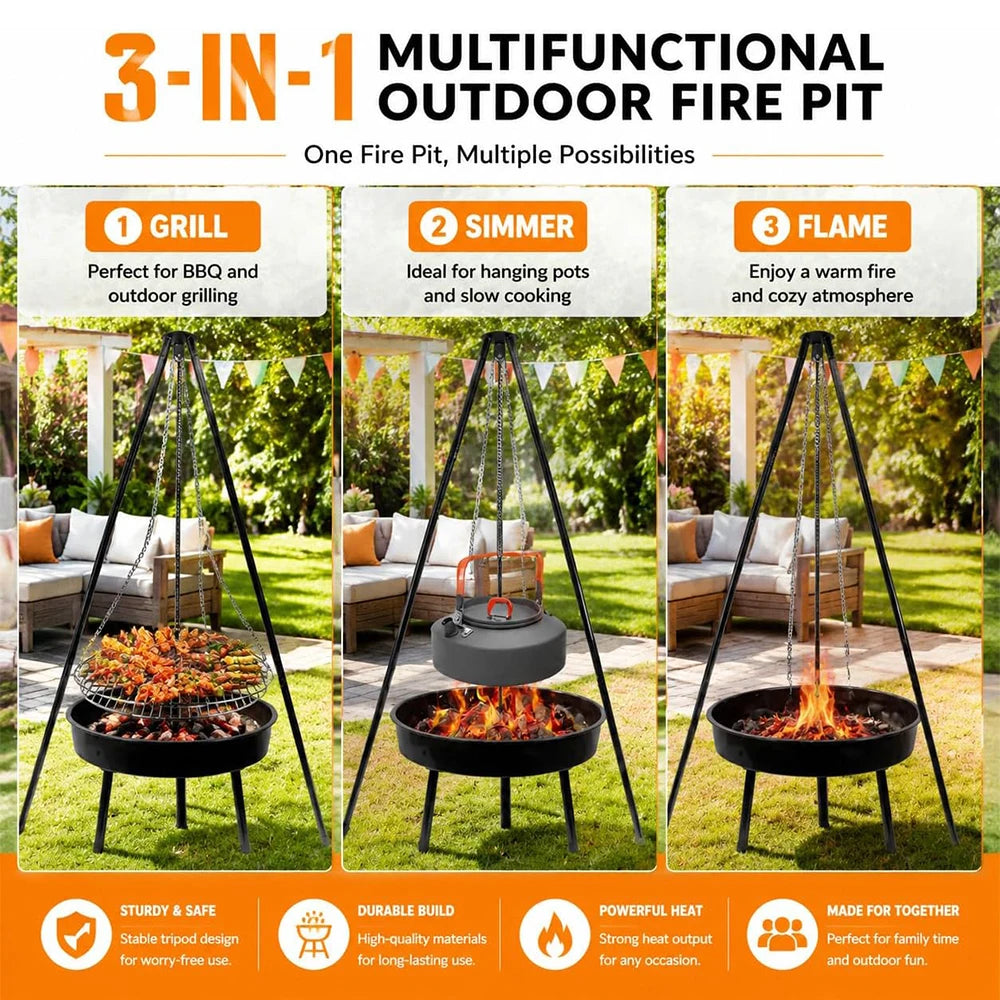 Campfire Tripod Grill with Barbecue Basin – Steel Camping Firepit Cooking Rack & Lantern Hanger – Best for Outdoor Cooking & Camping