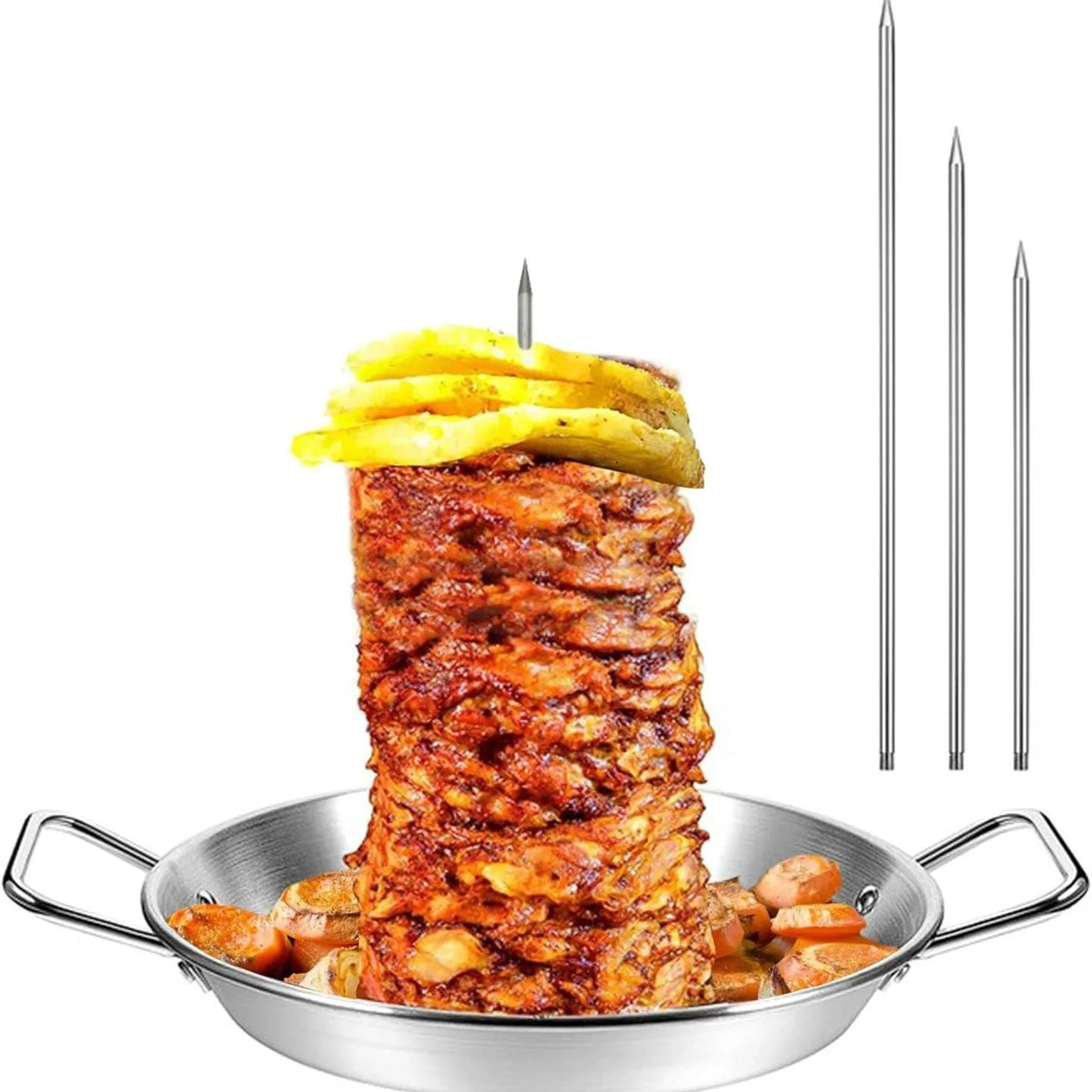 Stainless Steel Vertical Al Pastor Skewer with Base Plate – Brazilian Style Vertical Spit Stand – Perfect for Shawarma, Tacos & Outdoor BBQ Grills – Available in 4 Pieces, 6 Pieces & 8 Pieces