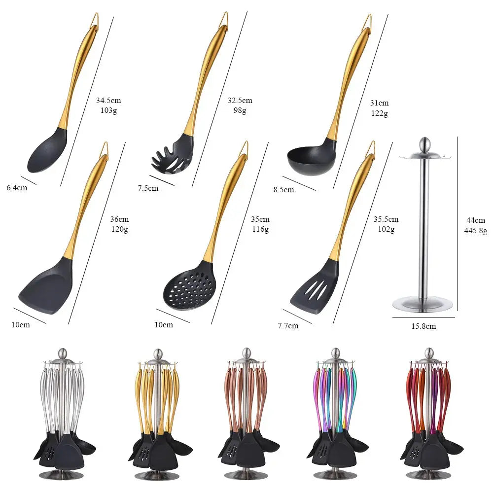 7-Piece Silicone Utensil Set with Golden Stainless Steel Handles - Cooking Utensil Set