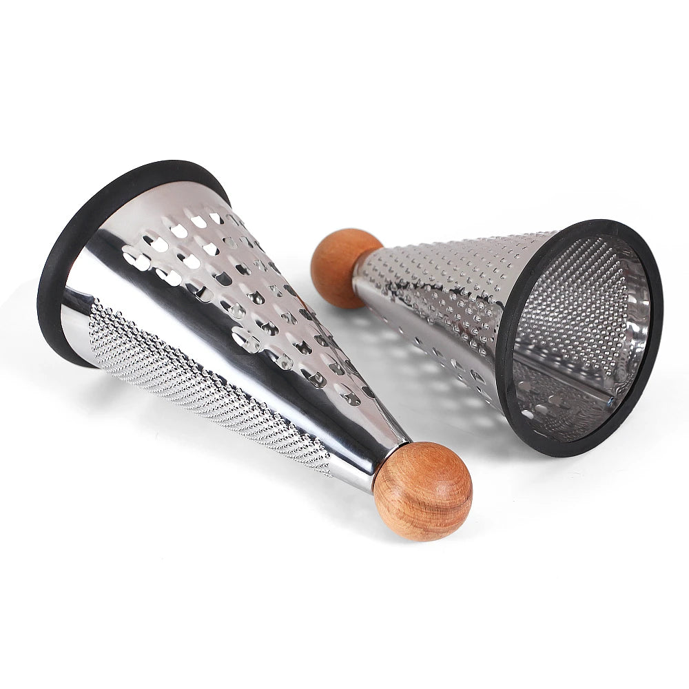 Modern Cone-Shaped Stainless Steel Grater & Zester with Wooden Handle – Conical Design with Non-Slip Rubber Base for Stability & Control – Available in 6-inch, 8-inch, 9-inch & 10-inch Sizes