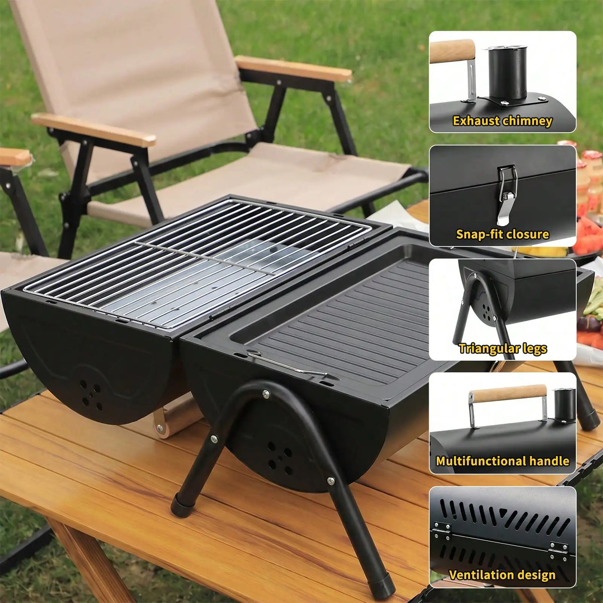 Double Layer Portable Charcoal BBQ with Grill Plate – Camping Barbecue with Grill Rack, Non-Stick Hot Plate & Chimney – Great for Picnics, Garden & Beach