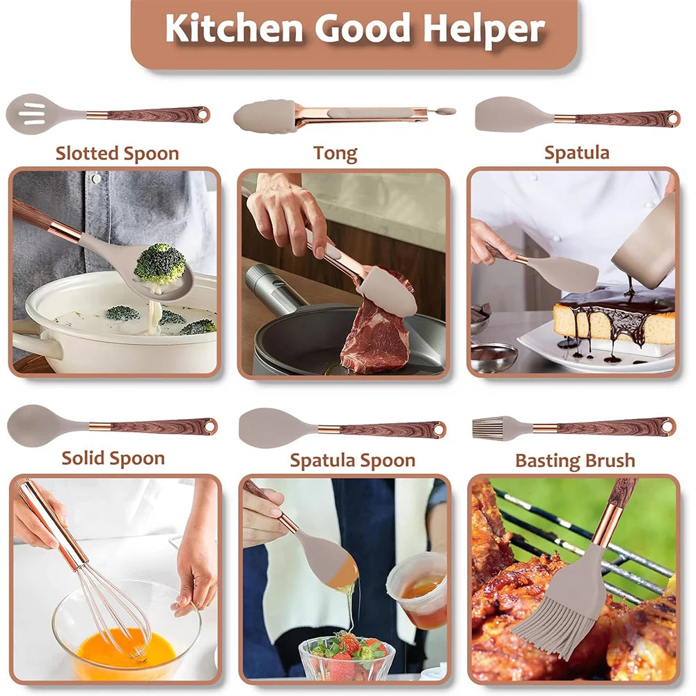 10-Piece Silicone Kitchen Utensils Set with Wooden-Effect Handles & Matching Utensil Holder – Heat-Resistant, Non-Stick Safe & Easy to Clean – Includes Spatulas, Spoons, Turners, Pasta Server, Brush & Skimmer – Perfect for Daily Cooking & Modern Kitchens