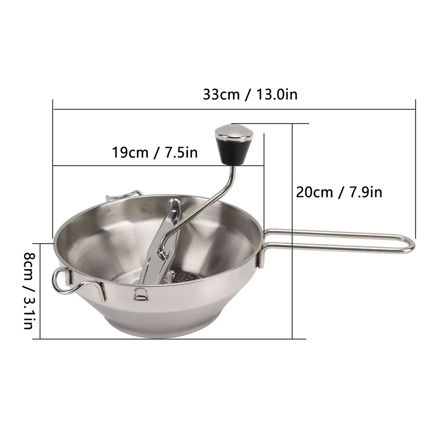 Stainless Steel Food Mill with 3 Interchangeable Discs – Manual Masher & Rotary Sieve/Strainer for Purees, Sauces, Soups, Potatoes, Vegetables, Garlic, Strawberry Jam & Baby Food – Durable & Easy to Use