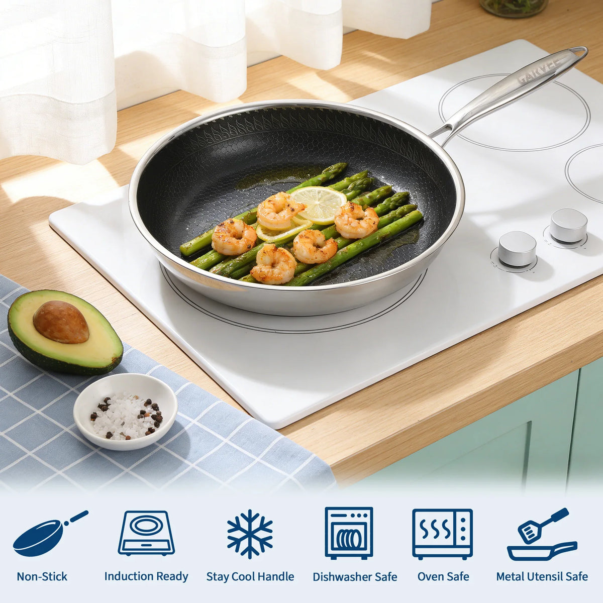 Honeycomb Tri-Ply Stainless Steel Non-Stick Frying Pan Set with Lids – 6 Piece Stackable Skillets 20cm, 25cm & 30cm – Great for Induction, Oven & Everyday Frying