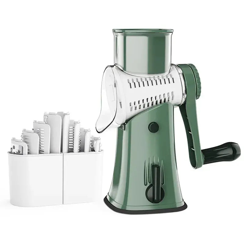 5-in-1 Rotary Cheese and Vegetable Grater with Handle and Suction Base – Multifunctional Interchangeable Rotating Drum Blades for Slicing, Shredding, and Grinding.(Available in Green, White, and Black Colours) green