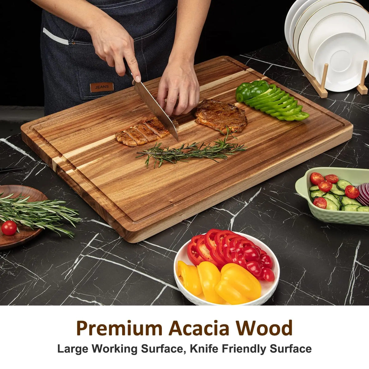 Acacia Wood Chopping Board – Thick Reversible Butcher Block with Juice Groove – Best for Carving, Cheese & Serving – Available in Small & Medium United Kingdom