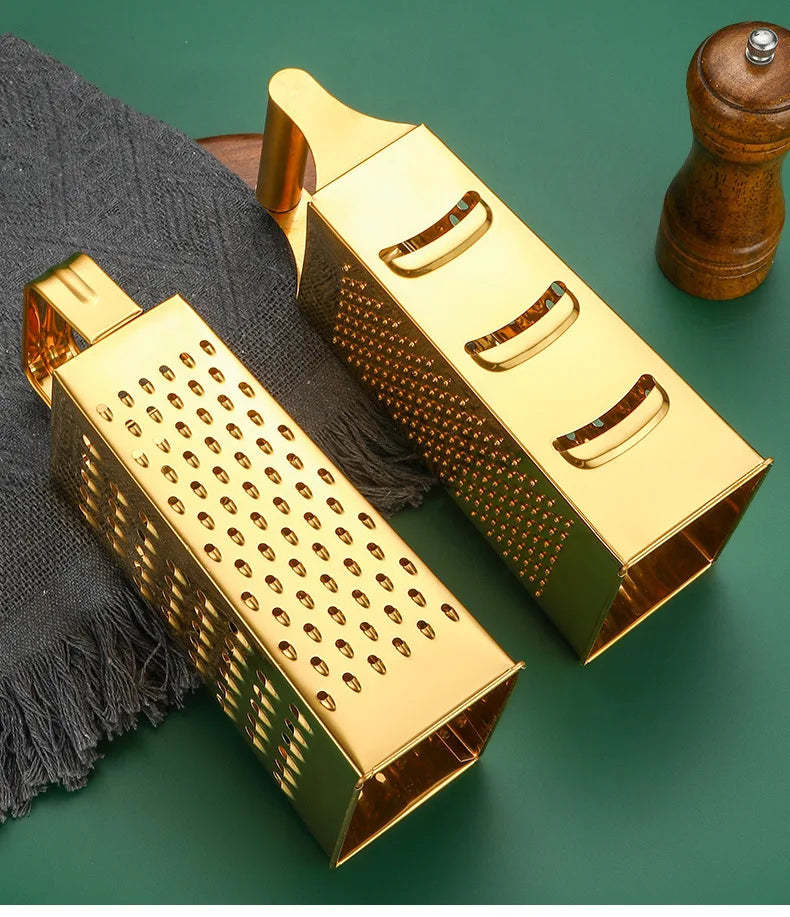 Stainless Steel Four-Sided Cheese Grater – Multi-Functional Handheld Box  Grater  & Vertical Fruit Slicer, Available in Gold & Silver
