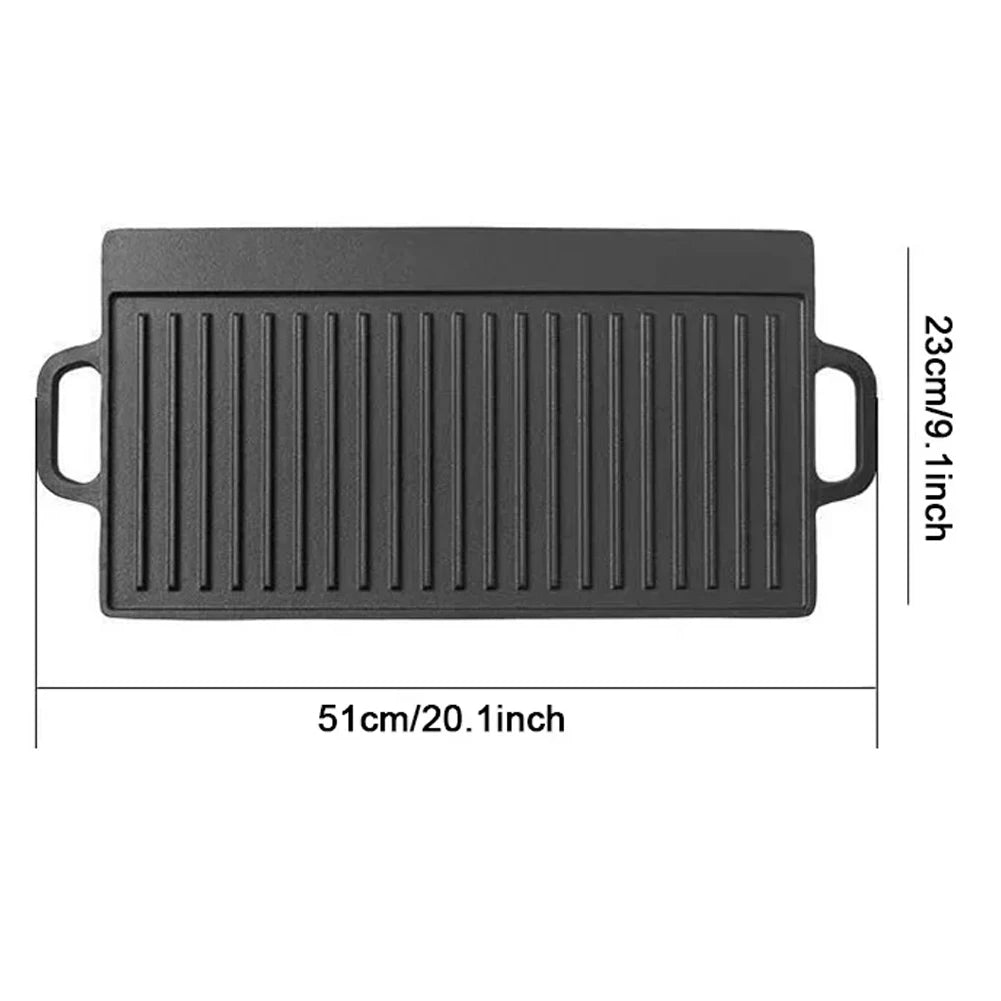 Double-Sided Cast Iron Grill Plate with Double Handles – Ridged & Smooth Griddle for Oven, Hob & BBQ – Best for Steaks, Eggs & Pancakes (51 x 23cm)
