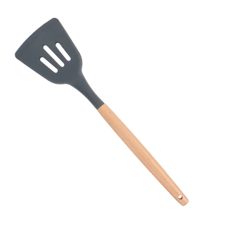 Heat Resistant Silicone Cooking Utensil with Wooden Handle – Up to 230°C Turner, Tongs, Spatula, Spoon, Brush & Whisk – Ideal for Nonstick Cookware Style 16