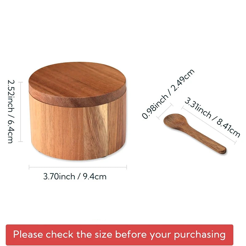 Acacia Wood Salt Box with Swivel Lid & Spoon – Salt & Pepper Cellar Seasoning Container – Great for Keeping Salt & Spices by the Hob