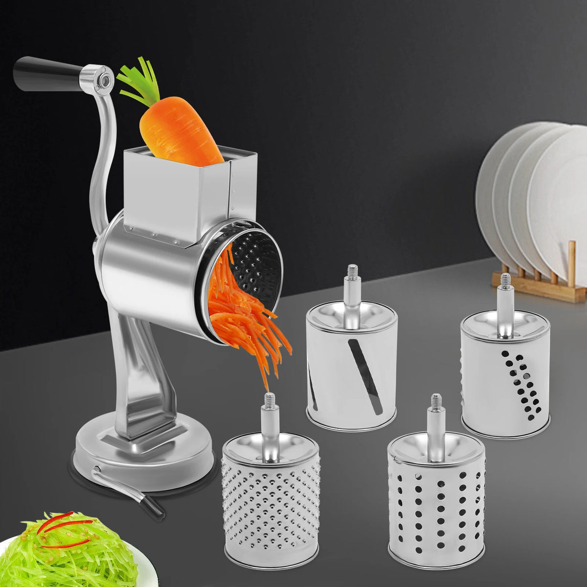 Stainless Steel Rotary Grater with 5 Drum Blades – Manual Cheese, Nut & Vegetable Shredder with Suction Base – Great for Salads & Toppings – Available in Silver, Silver & Silver Colours