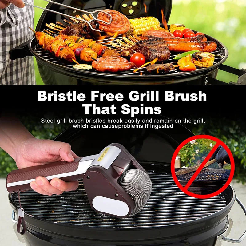 Bristle-Free Spinning Electric Grill Brush – Rechargeable BBQ Cleaner with 350 RPM Stainless Steel Roller – Great for Cleaning Grill Grates