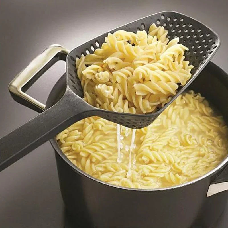 Multi-Purpose Anti-Slip Kitchen Scoop Strainer/Colander – Large Perforated Food Scoop for Draining, Scooping, Filtering Soup, Pasta & Vegetables, with Hanging Hole for Easy Storage, Available in Black, Yellow & Red