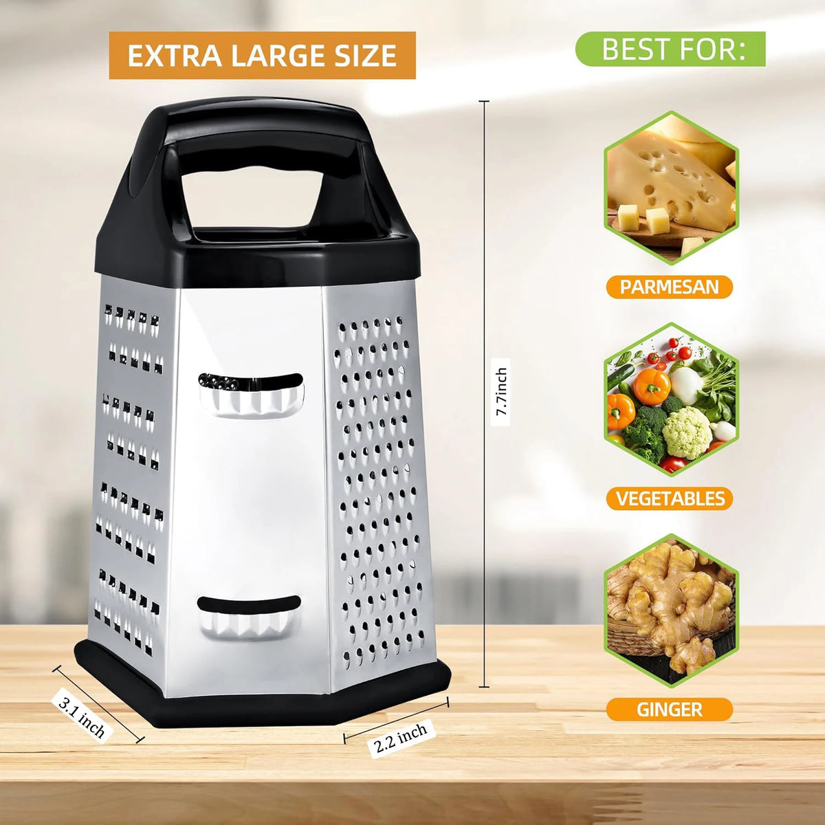 6-Sided Stainless Steel Box Grater – Multi-Function Cheese, Vegetable & Potato Grater, Slicer & Zester – Great for Cheese, Carrots & Nutmeg