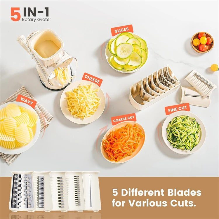 5-in-1 Rotary Cheese & Vegetable Grater with Handle & Suction Base – Multifunctional Manual Drum Grater (Available in Ivory and Light Green))