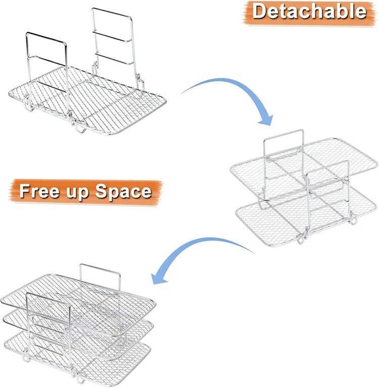 Stainless Steel Rectangle Air Fryer Rack – Stackable Multi-Layer Grill Rack for Rectangle Air Fryer Baskets – Ideal for Cooking More Food at Once