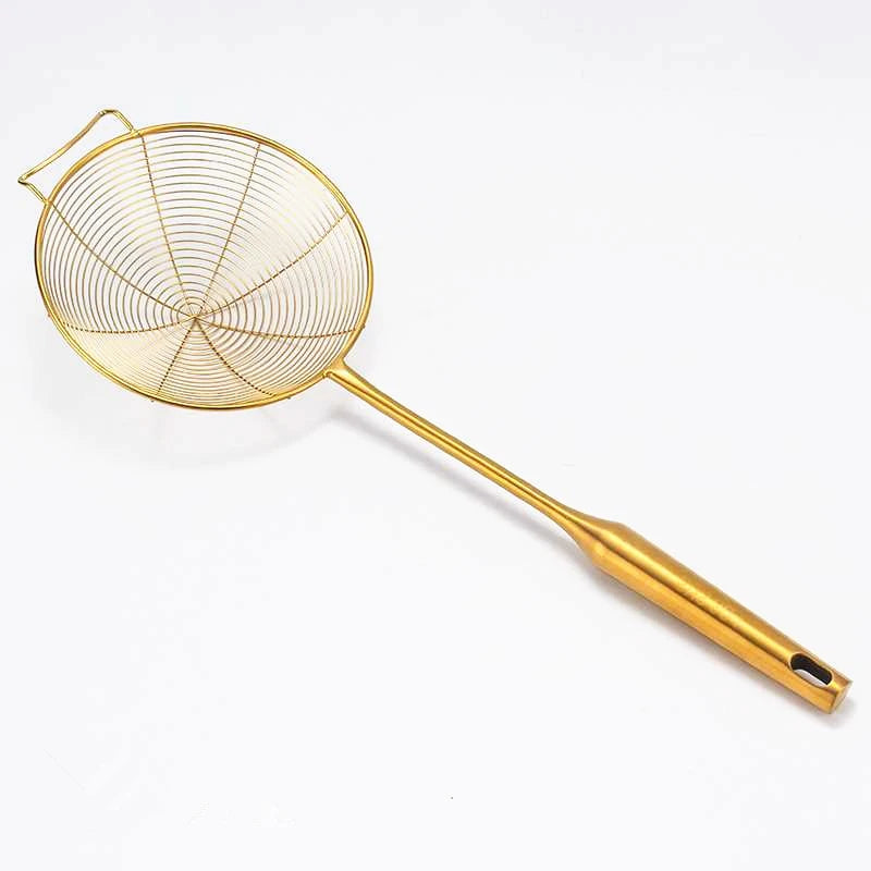 Golden Stainless Steel Skimmer Strainer – Frying Scoop & Oil Filter with Long Handle (Available in Multiple Sizes)