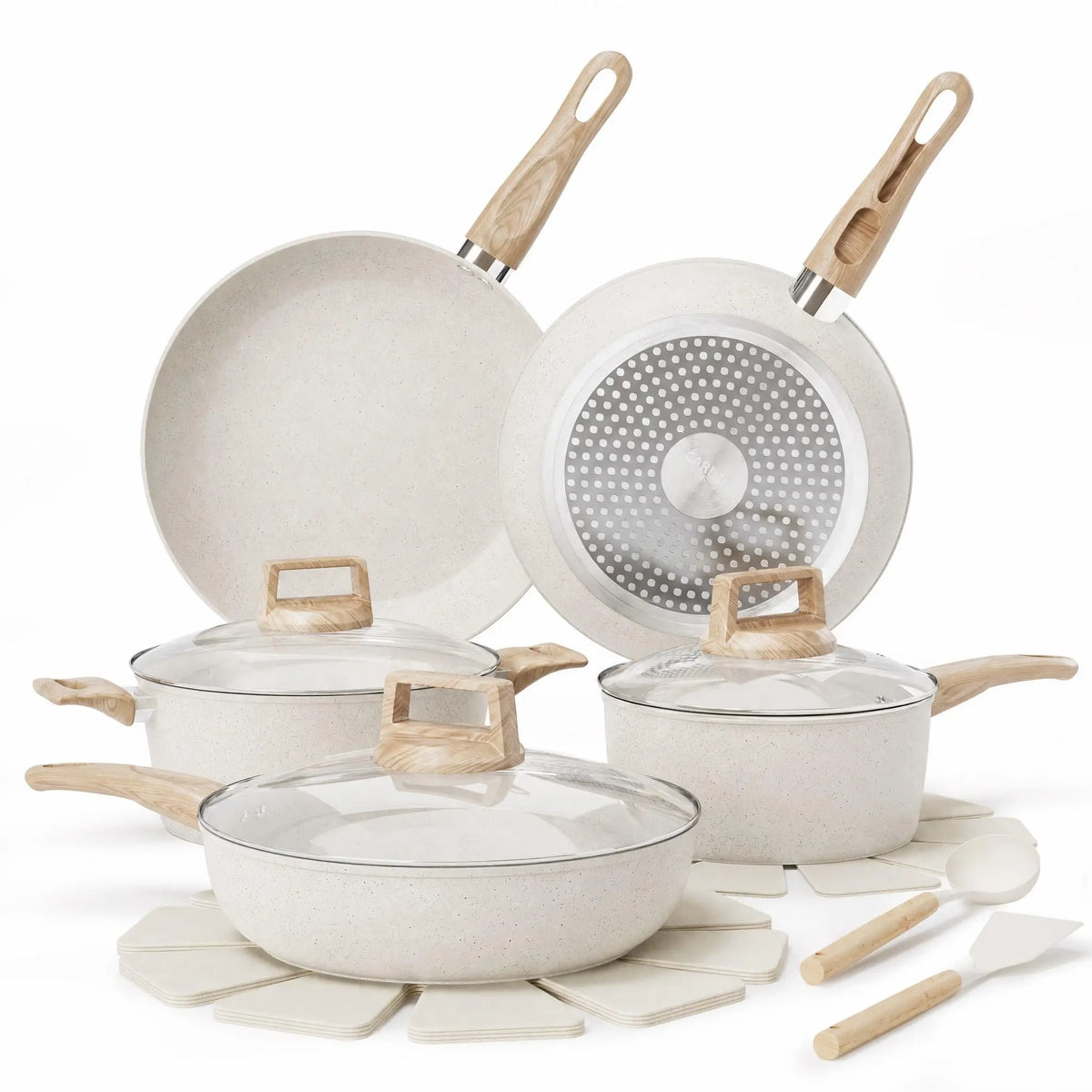 14 Piece Granite Ceramic Pots & Pans Set – PFAS-Free Non-Stick Cookware with Wood-Look Handles, Glass Lids & Pan Protectors – Best for New Homes & Couples – Available in Black & White