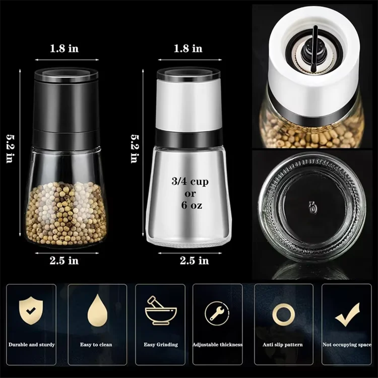 Adjustable Ceramic Salt & Pepper Grinder Set – Manual Glass Pepper Mill & Herb Grinder – Best for Sea Salt, Peppercorns & Dried Herbs