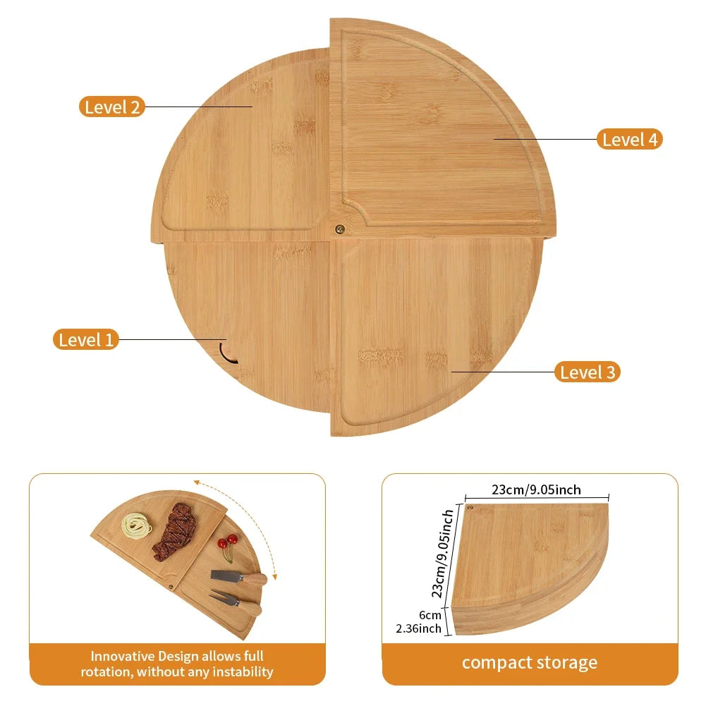 Bamboo Cheese Board with Knife Set – 4-Tier Swivel Round Serving Tray with Hidden Knife Drawer – Ideal for Parties, Cheese, Fruit & Desserts