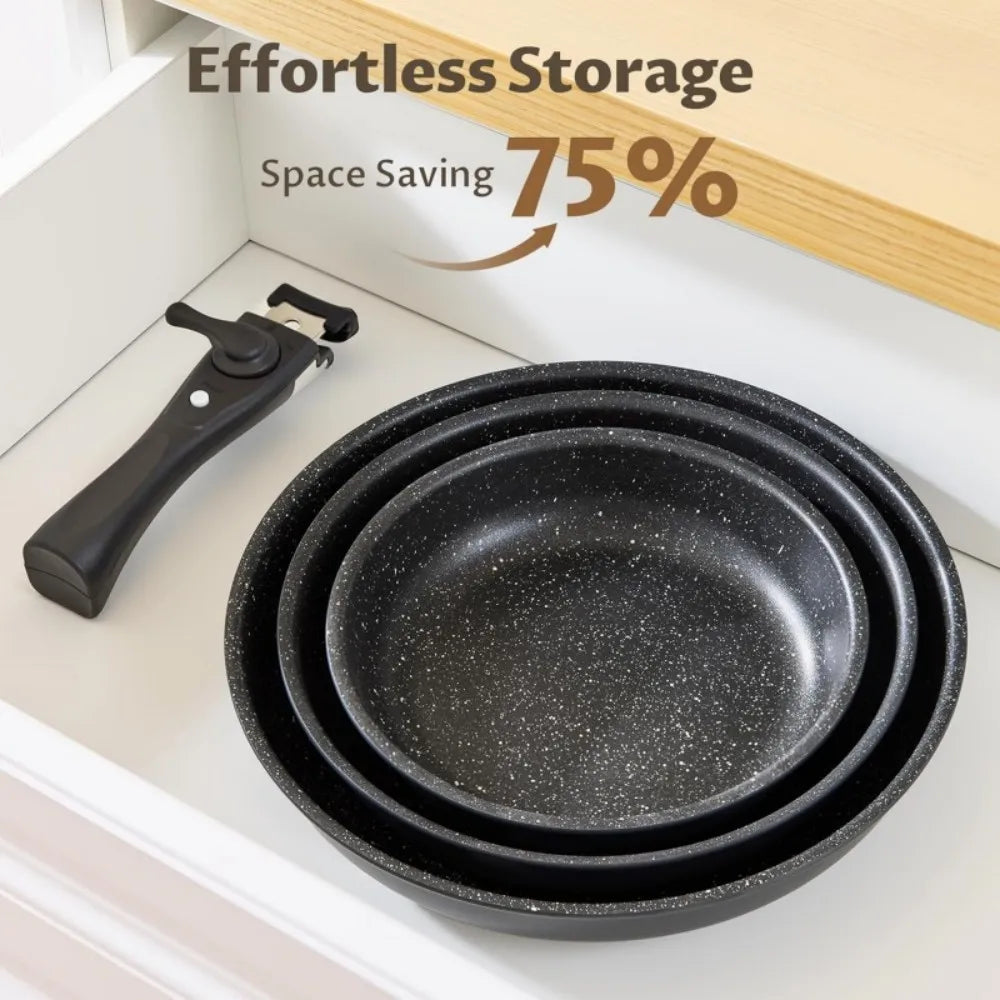 4 Piece Non-Stick Frying Pan Set with Detachable Handle – 23cm & 28cm Frying Pans & 28cm Sauté Pan – Great for Stove to Oven & Stackable Storage