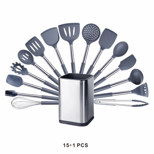 Silicone Kitchen Utensils Set with Stainless Steel Handles – Non-Stick Safe, Heat Resistant | Grey & Black | Available in 5 to 15-Piece Sets