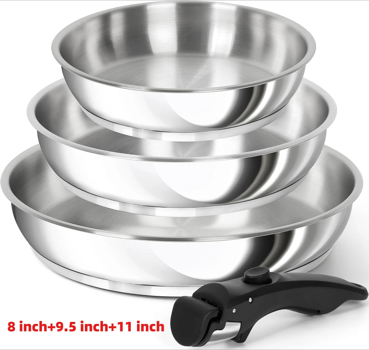 3 Piece 18/10 Stainless Steel Frying Pan Set with Removable Handle – Tri-Ply Stackable Pans 20cm, 24cm & 28cm – Best for Compact Kitchens & Family Meals