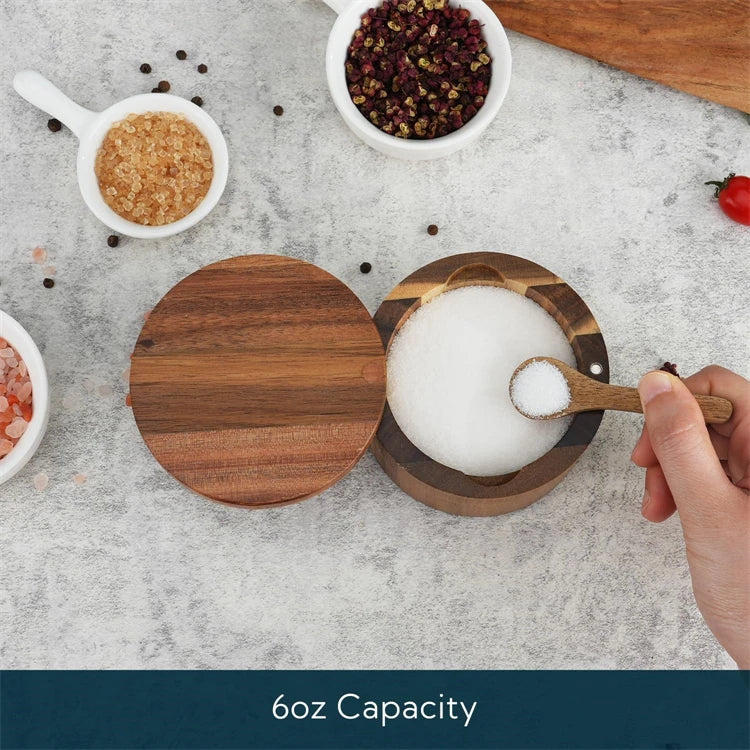 Acacia Wood Salt Box with Swivel Lid & Spoon – Salt & Pepper Cellar Seasoning Container – Great for Keeping Salt & Spices by the Hob