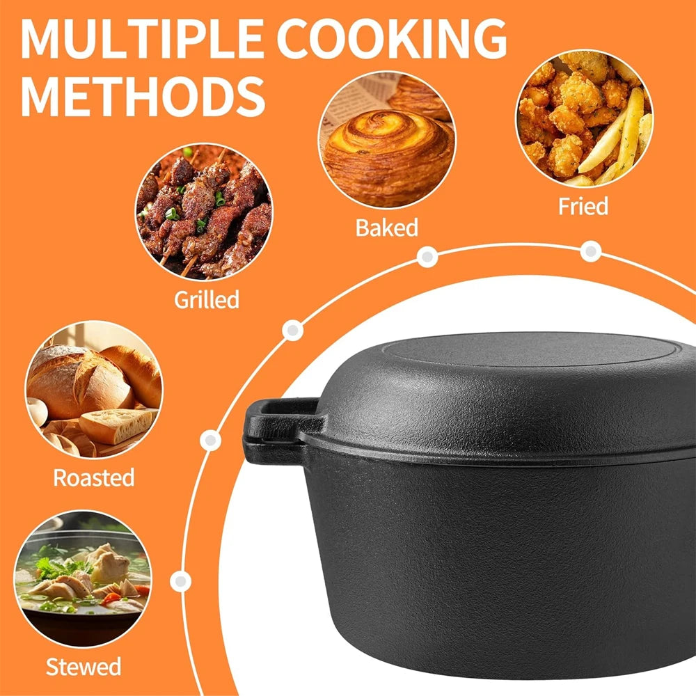 Pre-Seasoned 26cm Cast Iron Dutch Oven with Skillet Lid, Dual Handles – 2-in-1 Combo Pot & Pan Set – Includes Anti-Slip Mat & Silicone Clips, Multi-Purpose Cookware Set, Best for Frying, Stewing, Roasting, Bread ,Baking, Camping & BBQ