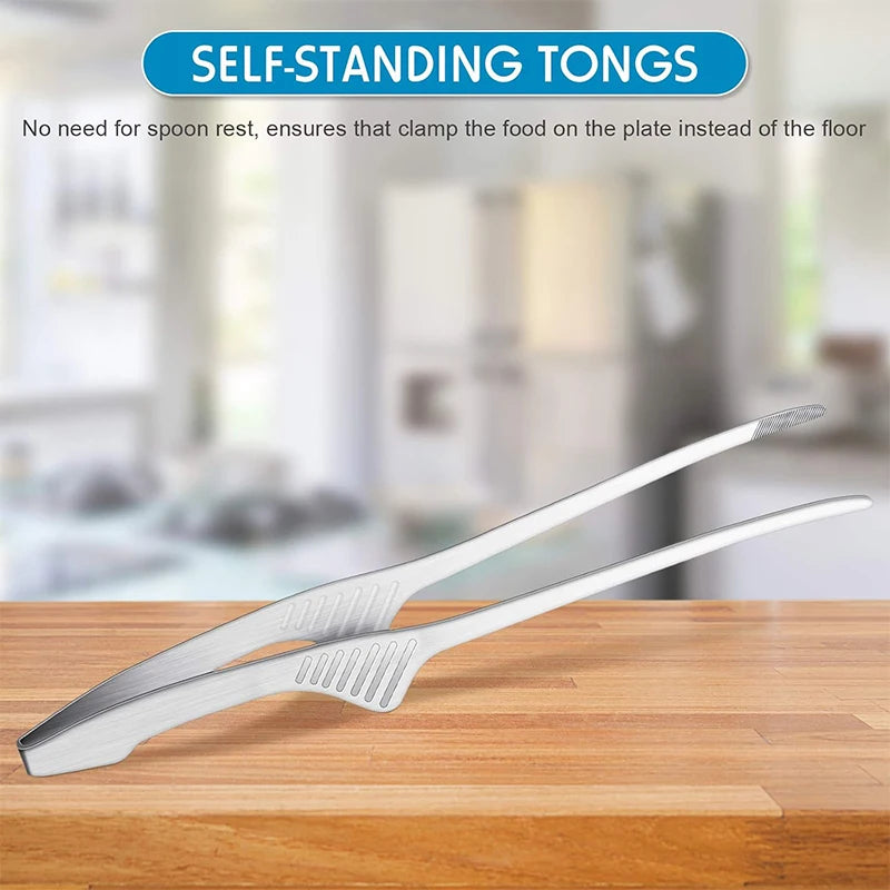 Stainless Steel Self-Standing Grill Tongs – Non-Slip Korean & Japanese Style BBQ Tongs – Perfect for Grilling, Turning Meat & Serving