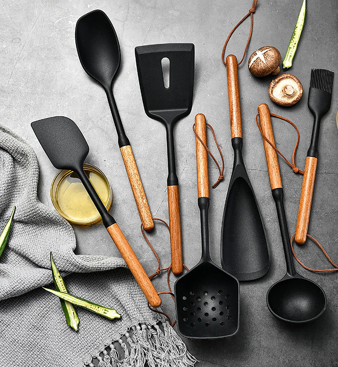 Silicone Kitchen Utensil Set with Wooden Handles