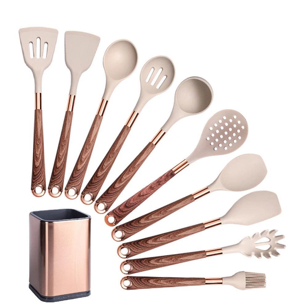 Silicone Cooking Utensils Set with Gold-Plated Handles – Non-Stick Safe, Heat Resistant | Black & Beige | Available in 5, 7, 10 & 12-Piece Sets
